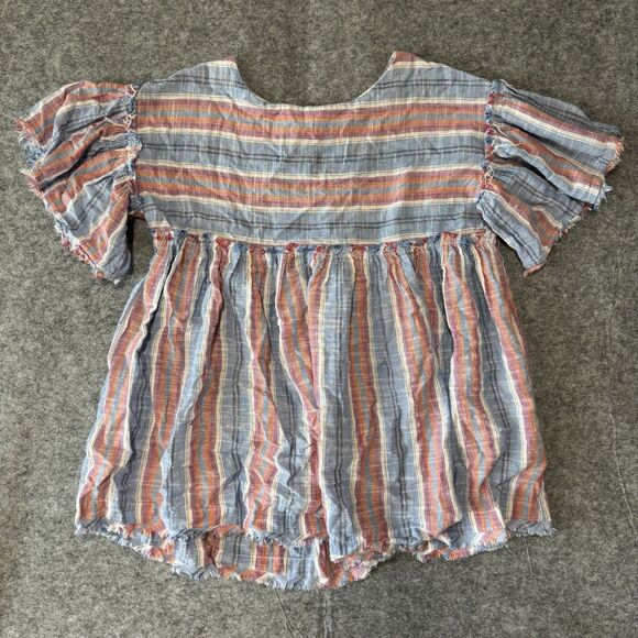 Free People Flowy Mini Dress Boho Raw Hem Multicolor Stripes Short Sleeve Size S - Picture 2 of 7